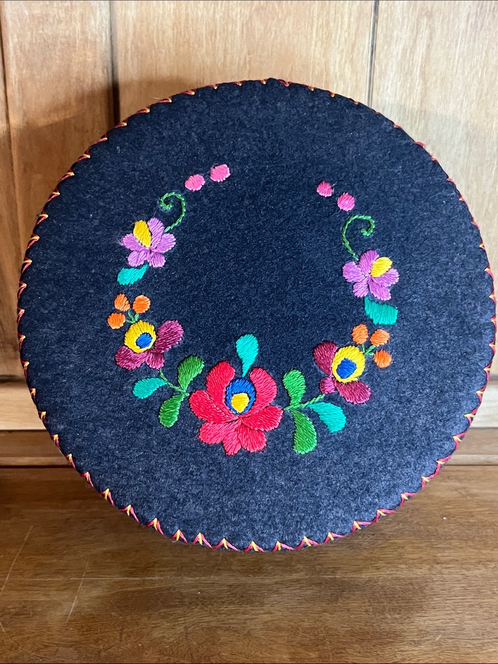 Beautiful 70’s Hungarian Folk-Art Felt/Wool Sewing Box-Floral Embroidery Detail